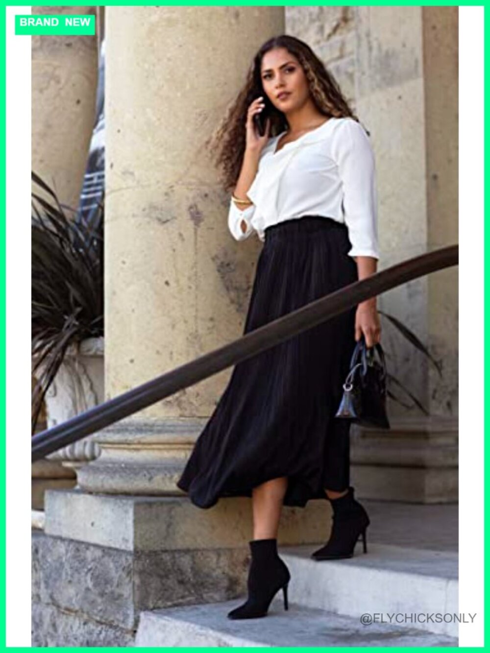 Pleated Midi Skirt with Pockets, Elastic High Waist, A-Line, Reg & Plus Size - Picture 2 of 6